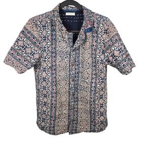 Earthbound Trading Co Mens Short Sleeve Kantha Stitch Block Print Cotton Shirt